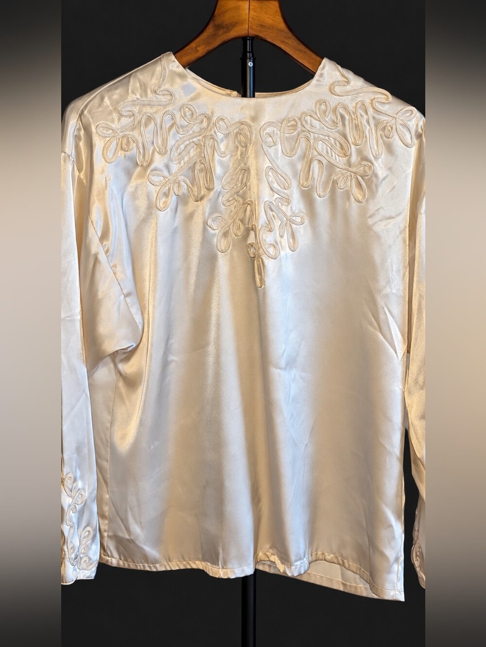 Vintage Diversity Ivory Satin Look Blouse Embroidered Soutache Long Sleeve Size